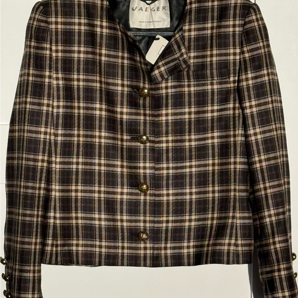 Jaeger Wool Silk Plaid Jacket Blazer Brown Tan UK Made in Great Britain - Picture 9 of 15